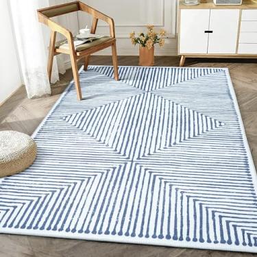 Imagem de Bloom Rugs Tapete lavável antiderrapante 9,5 x 1,5 m - Tapete listrado azul/marfim para sala de estar, quarto, sala de jantar e cozinha - Tamanho exato: 9,5 x 1,5 m