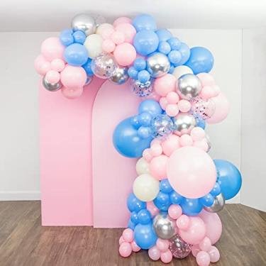 Imagem de SHIMMER & CONFETTI Kit de guirlanda e arco de balões DIY para revelação de gênero, casamento e festa de aniversário (cores prata metálica, azul e rosa)
