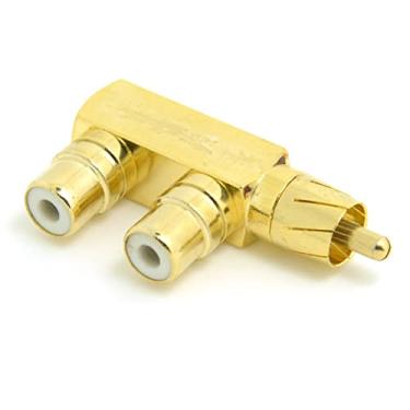 Imagem de chenyang Adaptador RCA de plugue divisor de áudio AV 1 conector F macho para 2 fêmeas, banhado a ouro, tipo angular de 90 graus