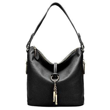 Imagem de Bolsa de ombro feminina Designer com borla de metal 100% couro legítimo real Bolsa de mão feminina transversal, Preto, One Size