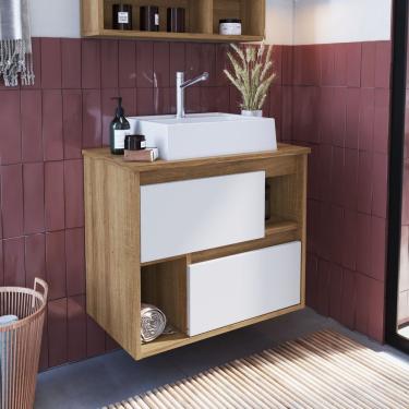 Imagem de Gabinete Para Banheiro Suspenso 60Cm Com 2 Gavetas Lvp03 Versato Nova Móbile Mel/Branco