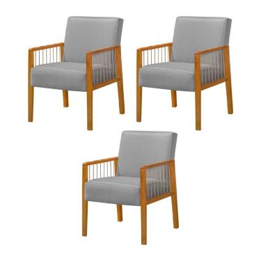 Imagem de Kit 3 Poltronas Decorativa Base Em Madeira Maciça E Corda Náutica Copacabana Linho Cinza - Cinza