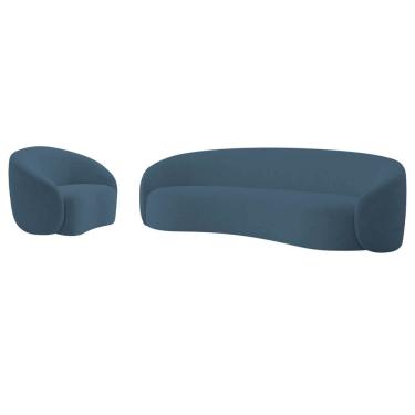 Imagem de Kit Sofá 3 Lugares 200cm E Poltrona Orgânica Luxo Recepção Amore Linho Adj Decor Azul Royal