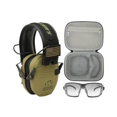 Imagem de Walkers Protetor auditivo eletrônico Razor Slim com redução de ruído (OD Green Patriot) com estojo de óculos de segurança e óculos de proteção (3 itens)