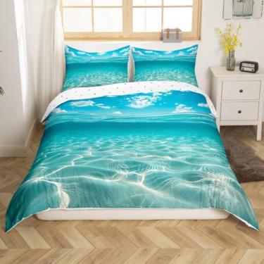 Imagem de jejeloiu Jogo de cama casal com estampa de verão e oceano havaiano, praia, mar, para meninos, meninas, adolescentes, natureza, férias, férias, decoração de quarto (sem edredom