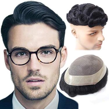 Imagem de Hywel Peruca Masculina Com Cabelo 100% Humano Natural, Mono, Revestimento De Poliéster Ao Redor Da Touca, Masculina, Sistema Substituição Peças Ondas Naturais, Preto #1B (7 * 9 Polegadas)