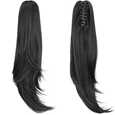 Imagem de ShulaSHOP Extensão De Rabo Cavalo Preto, Extensões Cabelo Com Presilha 20" E Grampo Garra, Longa Cacheada, Peruca Sintética Aparência Natural Para Mulheres