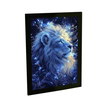 Imagem de Quadro Decorativo Leão Branco Ilustração Azul Luzes Místico Decoração Poster Quarto Sala