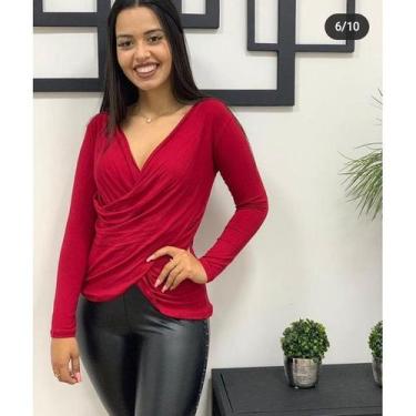 Imagem de blusa feminina transpassada manga longa viscolaycra moda blogeuira - F