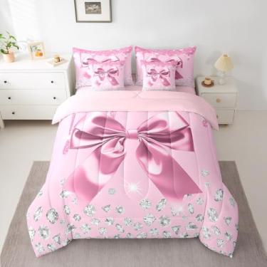 Imagem de Jogo de cama casal de 7 peças com laço de aquarela, conjunto de edredom fofo com laço e lençol, fronhas e fronhas em uma bolsa, microfibra macia, estilo princesa, rosa, prata