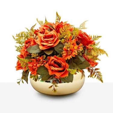Imagem de Arranjo Rosas Artificial Decoração Vaso Vidro Espelhado Dourado Médio 