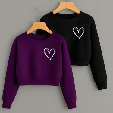 Imagem de Kit com 2 Cropped Moletom Estampa Corações Linhas Fofo Feminino Invern