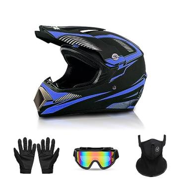 Imagem de PZ PEZE Capacete De Motocross, Off-Road, Quadriciclo, Motocicleta Juvenil, Unissex, Integral, Confortável E Leve, Com Certificação Segurança Fmvss-218, Conjunto 4 Peças (Médio, Seta Azul)