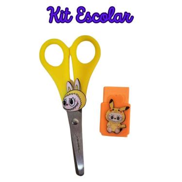 Imagem de Kit Escolar tesoura sem ponta e borracha La bubu papelaria borracha com capa escolar material férias escolares