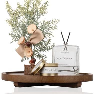 Imagem de Bandeja decorativa redonda de madeira organizador de balcão de banheiro decoração de cozinha de fazenda elevador de madeira para saboneteira, perfume, vela, esponja, 30 cm - nogueira