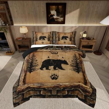 Imagem de Feelyou Conjunto de cama casal, urso, rústico, casa de fazenda, animal, urso, preto, para meninos e meninas, caçando, marrom, edredom