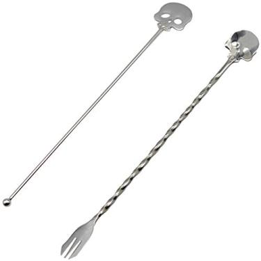 Imagem de Maydahui 2PCS Skull Swizzle Sticks Bar Spoon Mixing Spoons 9.8inch 18/10（304）Stainless Steel Fruit Forks Reusable Stirrers Stir Cocktail Drink for Halloween