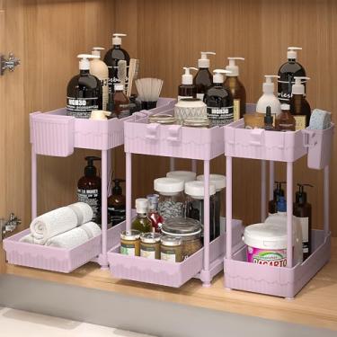 Imagem de Sevenblue Pacote com 3 organizadores embaixo da pia, organizadores multiuso de cozinha e banheiro de 2 camadas e armazenamento com gavetas deslizantes, organizador de armário de banheiro (rosa, 14,8