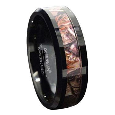Imagem de Queenwish Anel de carboneto de tungstênio preto de 8 mm camuflagem camuflagem caça aliança de casamento tamanho 6-13