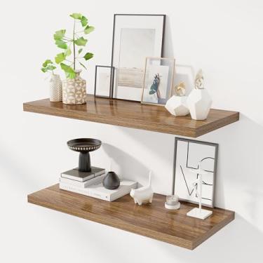 Imagem de Prateleiras flutuantes de 81 cm para parede, prateleiras flutuantes finas de nogueira de 30 cm, prateleiras de parede para quarto, sala de estar, cozinha, banheiro - Conjunto de 2