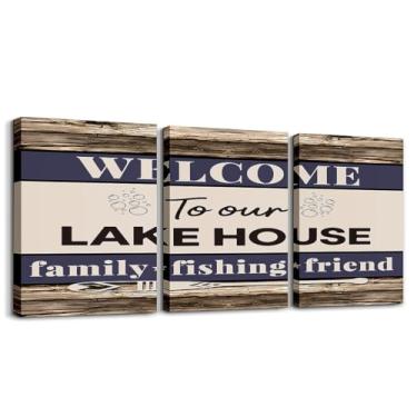 Imagem de Arte de parede em tela Lake House para sala de estar, cabana rústica estilo fazenda decoração de parede para quarto escritório, listras de madeira marrom country impressões de pintura de parede arte