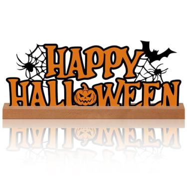 Imagem de Yaocom Placa de metal de feliz dia das bruxas, decoração de mesa independente com base de madeira, recorte de base de madeira, mesa de palavras para casa, bandeja em camadas, mesa central, lareira