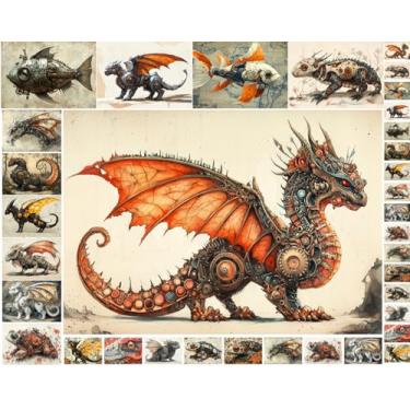 Imagem de Pacote de papel de decoupage (35 folhas 15,2 x 20,3 cm) Mecha Beasts and Dragons ~ Criaturas mecânicas de fantasia, incluindo dragões, sapos, peixes e lagartos ilustrados em estilo steampunk ricamente