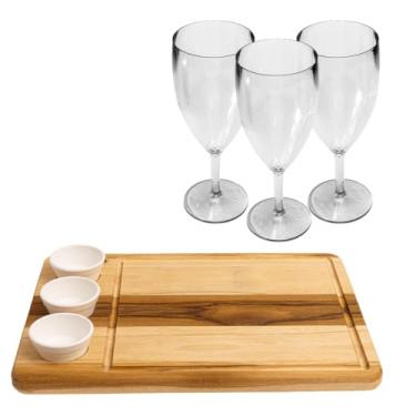 Imagem de Conjunto Kit Wooden Glow Tábua Retangular Corte Churrasco Frios Madeira Acompanha Ramequim Com 3 Taças de Vinho Ou 3 Copos Whisky (3, Branco - Taça)