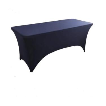 Imagem de Toalha de mesa de elastano opcional de 4 pés, 5 pés, 6 pés e 8 pés, alta elasticidade, capa de mesa de casamento, hotel, aniversário, toalha de mesa dobrável para coquetel, azul escuro, 6 pés (181 x