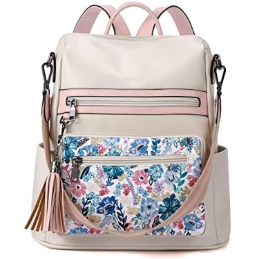 Imagem de Telena Mochila feminina de couro vegano, grande, bolsa de ombro universitária com borla, 1 floral bege, Mochilas de viagem
