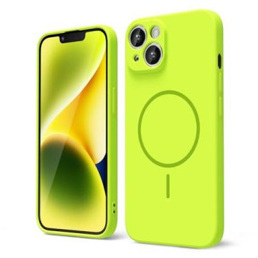 Imagem de oakxco Capa de silicone para iPhone 13 e iPhone 14, capa magnética fina e fina compatível com Magsafe, capa de segurança de borracha fluorescente brilhante para mulheres e meninas com capa para câmera