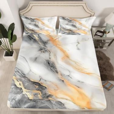 Imagem de Jogo de lençol Queen com estampa de pedra mármore cinza e abstrata, arte abstrata moderna, para adolescentes, adultos, mulheres, aquarela, dégradé metálico