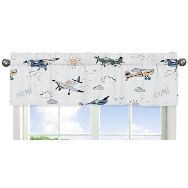 Imagem de Sweet Jojo Designs Cortina verde vintage para bebês, berçário, quarto infantil, cozinha, banheiro, quarto – aviões, transporte, nuvens, sol, céu, aviador, aviação