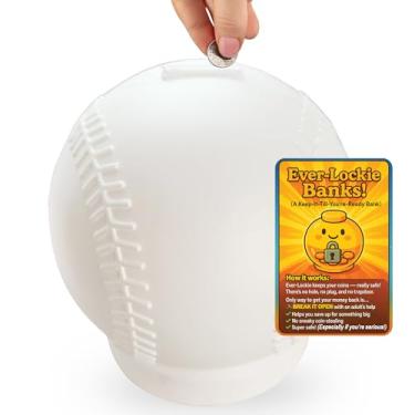 Imagem de Ever-Lockie Cofre - Banco de moedas durável e inquebrável para crianças - sem plugue ou orifício - abre com ajuda de adultos - Inclui adesivo divertido e cartão de aprendizagem (beisebol)