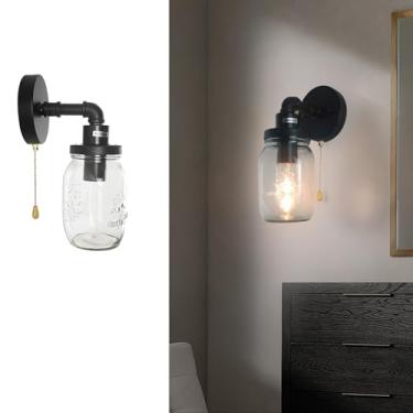 Imagem de GZZBMY E27 Luzes de parede vintage com interruptor de cabo de puxar lâmpadas de parede de ferro sombra de vidro transparente industrial arandelas de parede internas sala de estar quarto corredor luz