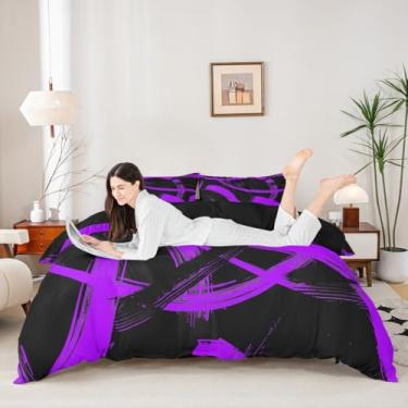 Imagem de Conjunto de capa de edredom preto roxo tamanho casal, abstrato, moderno, simples, 3 peças, capa de colcha geométrica, estética, decoração de quarto de crianças, meninos e meninas, 2 fronhas, sem