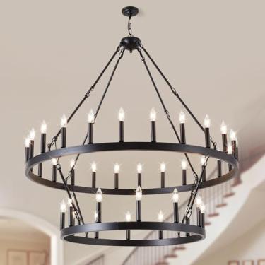 Imagem de VBKK Lustre de roda de vagão preto, 2 níveis, 36 luzes, 121 cm, grande fazenda, industrial, luminária redonda rústica pendente para tetos altos, hall de entrada, sala de jantar, E12