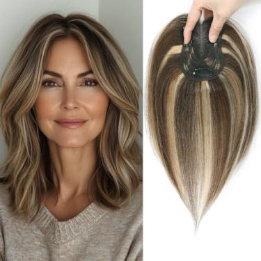 Imagem de YAMI Topper de cabelo humano fofo para mulheres 25,4 cm feito à mão base suíça 360° cobertura queda de cabelo (marrom médio com destaque)