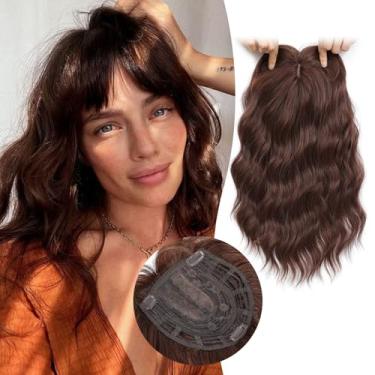 Imagem de Molefi Topper de cabelo de 35,5 cm para mulheres, com franja, base grande, para mulheres com queda de cabelo, cabelo encaracolado, sintético, castanho-avermelhado, mechas de cabelo para queda de