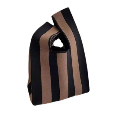 Imagem de Bolsa listrada preta e branca com nó de malha mini sacola de lona, Vertical-marrom, Small