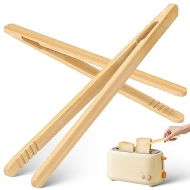 Imagem de 2 pinças de bambu para torradas, mini pinças reutilizáveis de madeira com design antiderrapante, pinças de cozinha multiuso para torradeira, frutas, salada, macarrão, grelhar, pão, picles, bacon