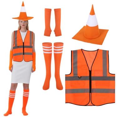 Imagem de 4 peças de acessórios de fantasia de cone de trânsito, chapéu de cone de trânsito laranja de Halloween colete de visibilidade refletiva com luva e meia para homens e mulheres traje de festa
