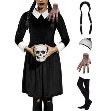 Imagem de Fantasias femininas de Halloween, vestido de noiva, plissado, evasê, evasé, manga comprida, vestido preto, G