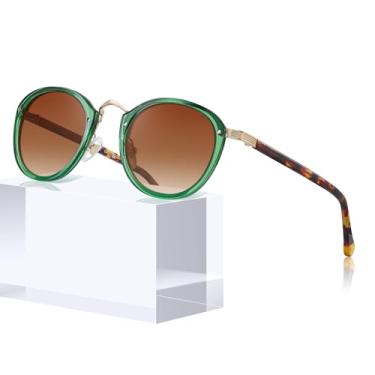 Imagem de CARFIA Óculos de sol com ponte de metal acetato para mulheres, proteção UV polarizada, moda retrô, óculos escuros redondos, 3. Armação verde translúcida lente marrom gradiente, tamanho �nico