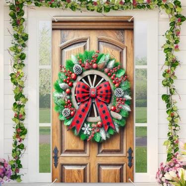 Imagem de BlissYard Banner de porta de Natal xadrez vermelho búfalo 89 x 188 cm estilo guirlanda de inverno sinal de varanda com pinhas e vegetação nevada para parede interna ao ar livre floco de neve exibição
