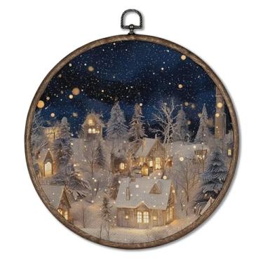 Imagem de Giosve Pôster emoldurado em tela de parede vintage de Natal, inverno, vila nevada, estrela, noite, paisagem, pendurada, para decoração de casa, quarto, sala de estar, 25 x 25 cm