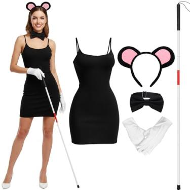 Imagem de Crowye Conjunto de 5 peças de fantasia de rato de Halloween para mulheres, orelhas de rato, faixa de cabeça, guia de bengala, preto, vestido vazado, gravata borboleta, luvas brancas, Principalmente