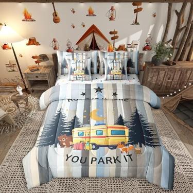 Imagem de Erosebridal Conjunto de edredom de 7 peças, Queen, para meninas e meninos, cama amarela de carro de viagem em uma bolsa para trailers de viagem, colcha de urso de caça na floresta, conjunto de edredom