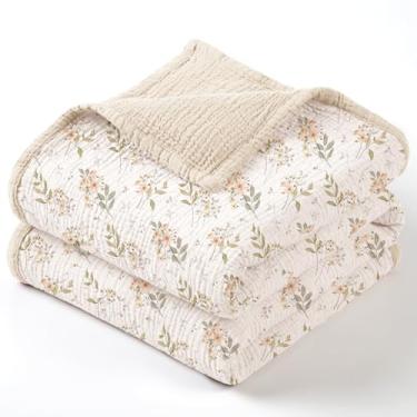 Imagem de lulumoon Cobertor infantil de musselina para berço: edredom infantil para meninas - cobertor de assento de carro com estampa floral - presente para chá de bebê 128 x 129 cm (flor de marfim)
