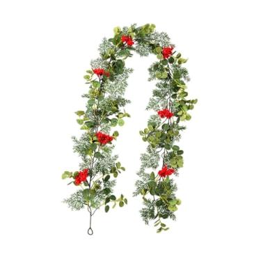 Imagem de IEUDNS Guirlanda de artificial de Natal com frutas vermelhas, guirlanda decorativa de Natal com folhas verdes, decoração de para capinar casa